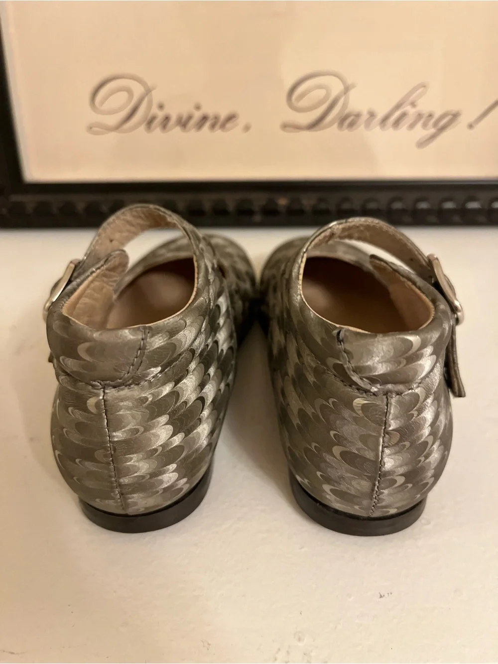 Mary Jane Shoes - Metallic Feather-Print Leather, Toddler EU 22 (US Toddler 6)